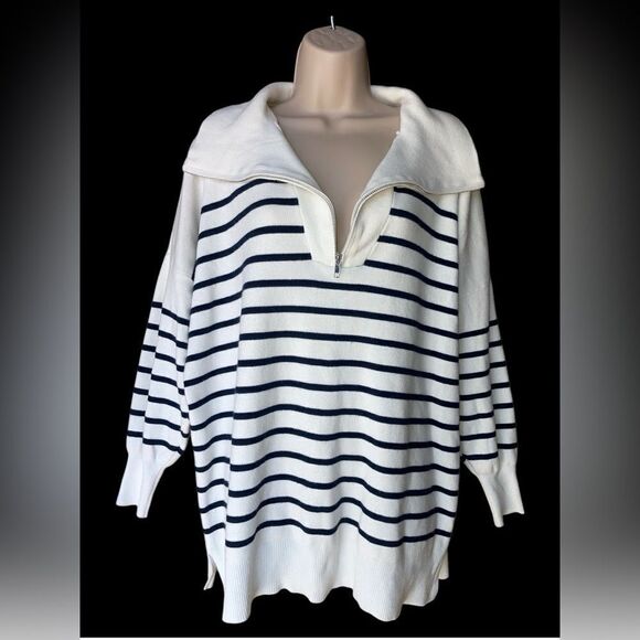 Pink Lily Large Long Sleeve Ivory/Navy Striped Quarter Zip Pullover Super Soft - Picture 2 of 5